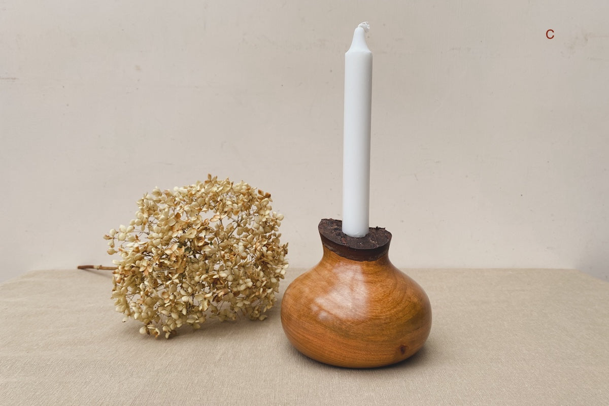Hand Turned Wooden Candle Holders With Bark Tops