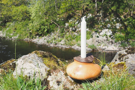 Hand Turned Wooden Candle Holders With Bark Tops