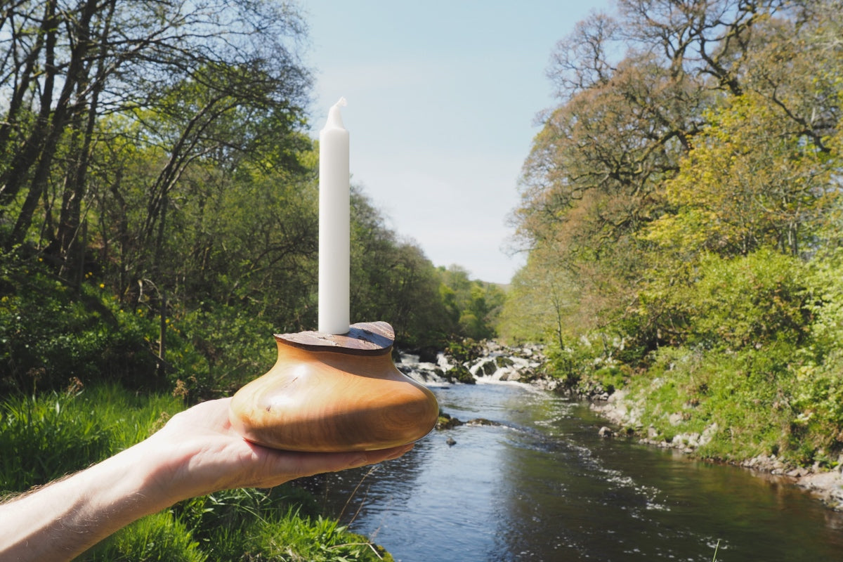 Hand Turned Wooden Candle Holders With Bark Tops