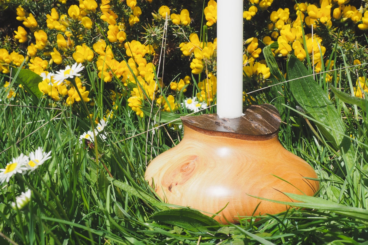 Hand Turned Wooden Candle Holders With Bark Tops