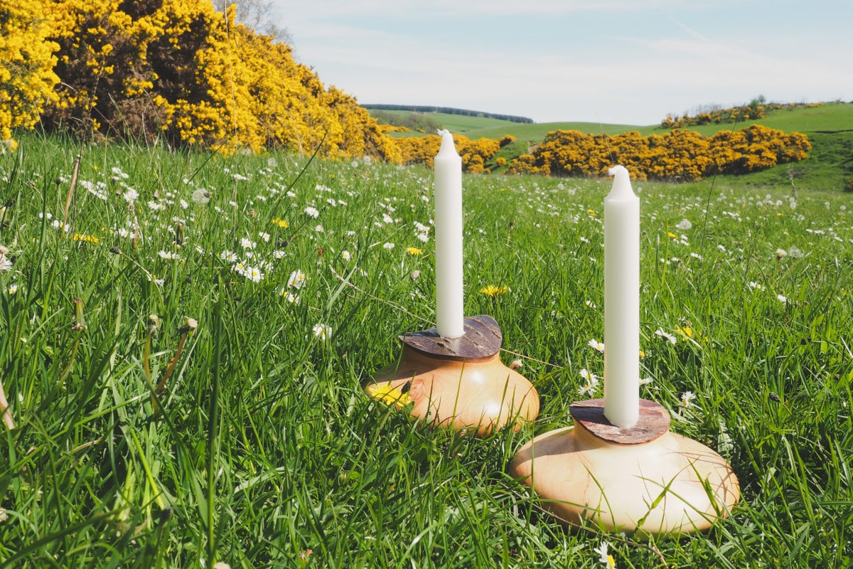 Hand Turned Wooden Candle Holders With Bark Tops