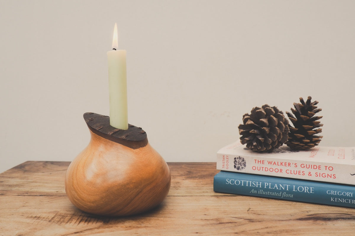 Hand Turned Wooden Candle Holders With Bark Tops