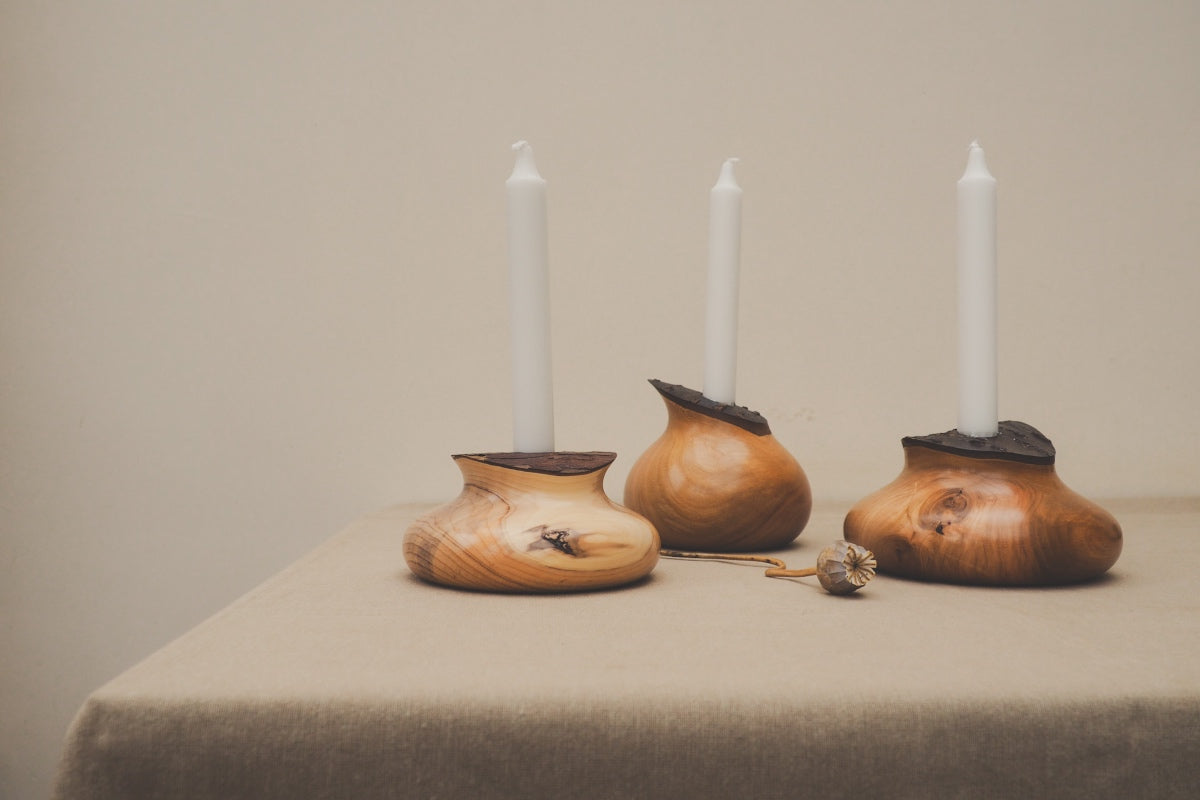 Hand Turned Wooden Candle Holders With Bark Tops