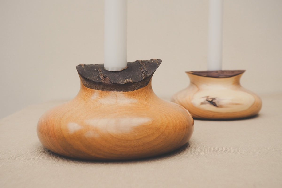 Hand Turned Wooden Candle Holders With Bark Tops