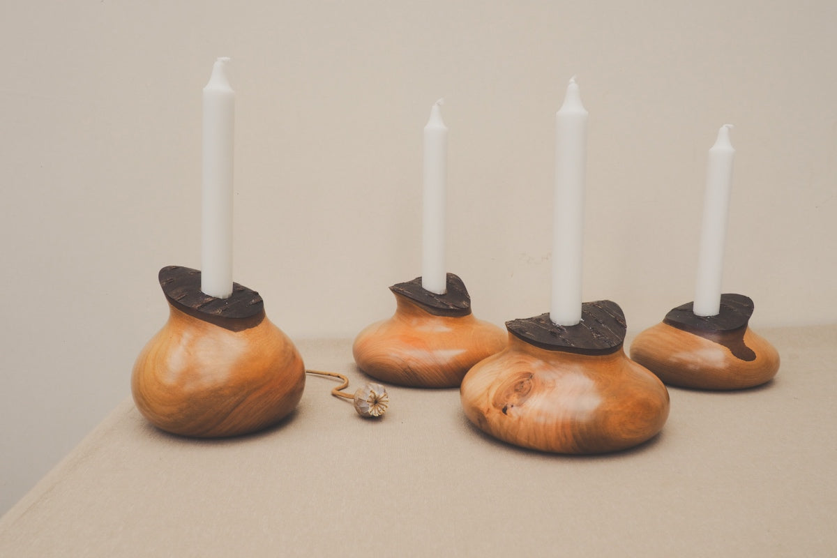 Hand Turned Wooden Candle Holders With Bark Tops