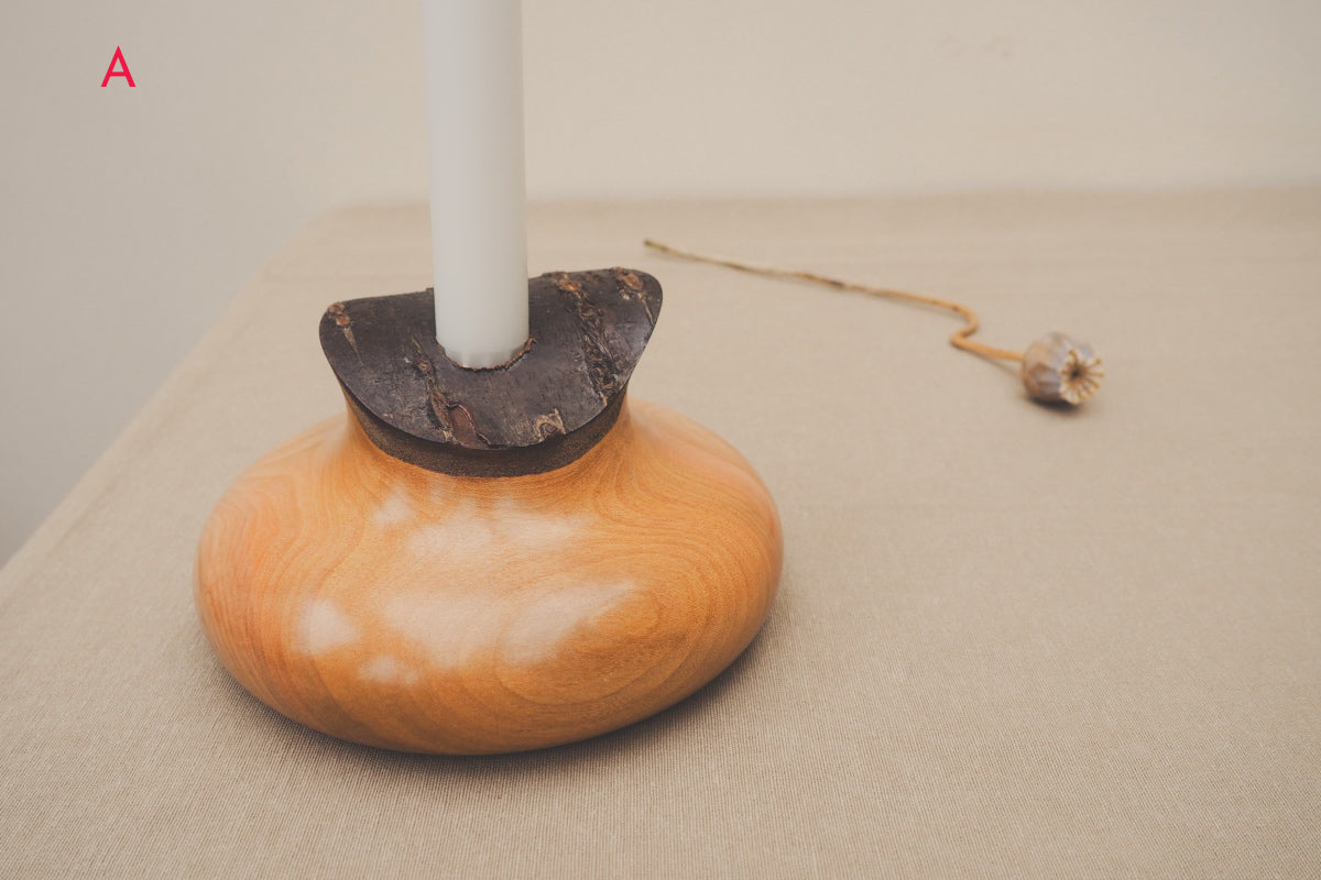 Hand Turned Wooden Candle Holders With Bark Tops