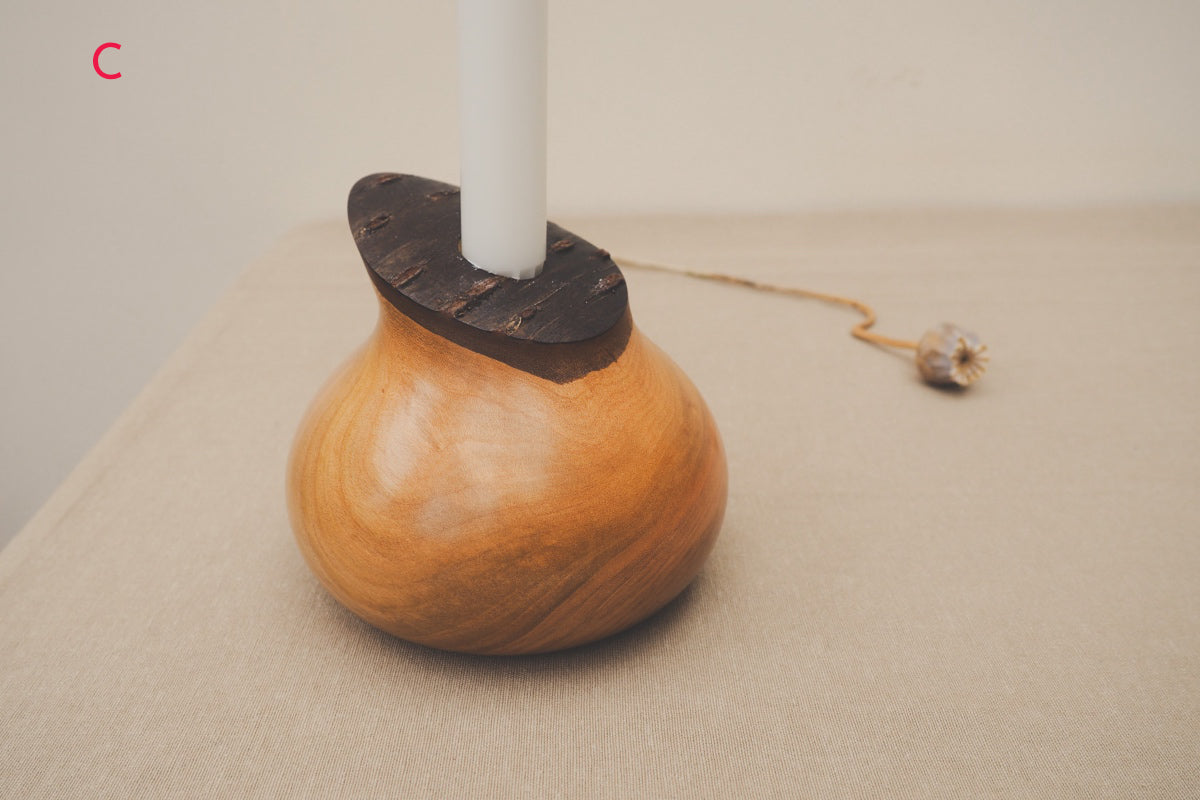 Hand Turned Wooden Candle Holders With Bark Tops