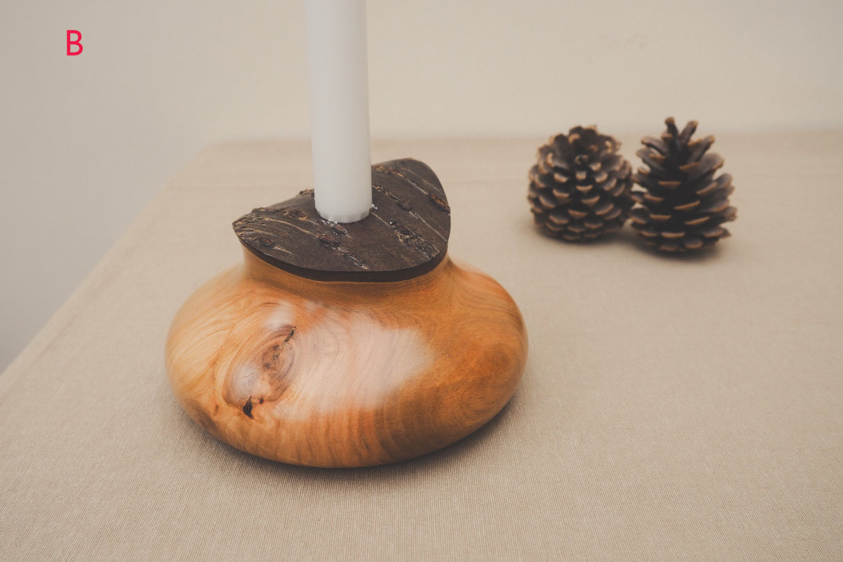 Hand Turned Wooden Candle Holders With Bark Tops